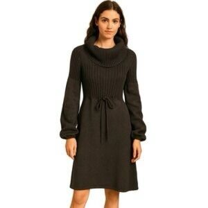 Calvin Klein Charcoal Gray Long Balloon Sleeve Cowl Neck Sweater Dress Ribbed